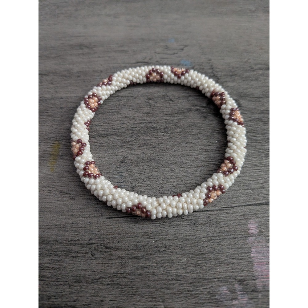 Handmade Seed Bead Roll On Bracelet Cream Pink Floral Boho Stacking Bangle